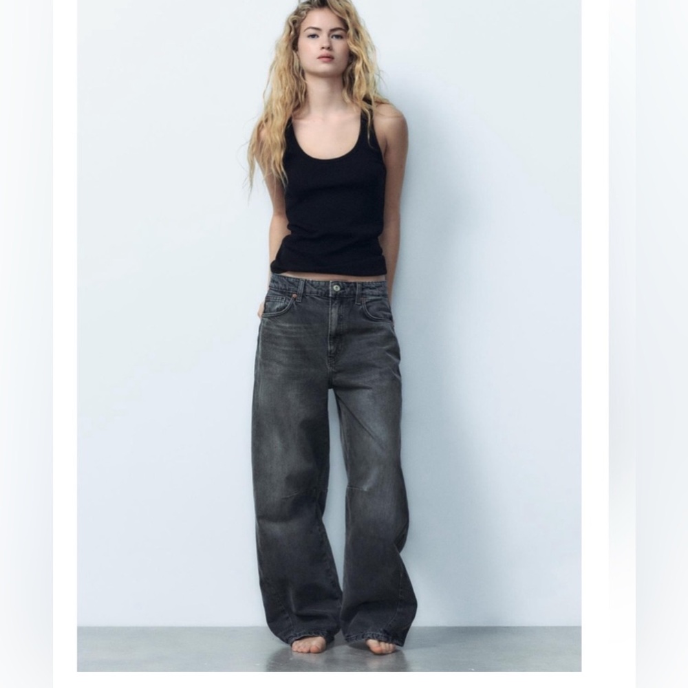 Zara Mid Waist Baggy Balloon Jeans wide leg Twisted seams Blue grey